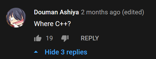 Douman on YouTube, with the comment "Where C++?"