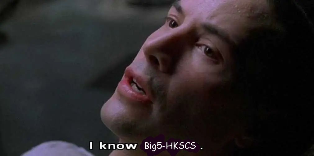 A picture of Neo from the matrix lying on the chair with his eyes open, slightly incredulous as he says "I know Big5-HKSCS.