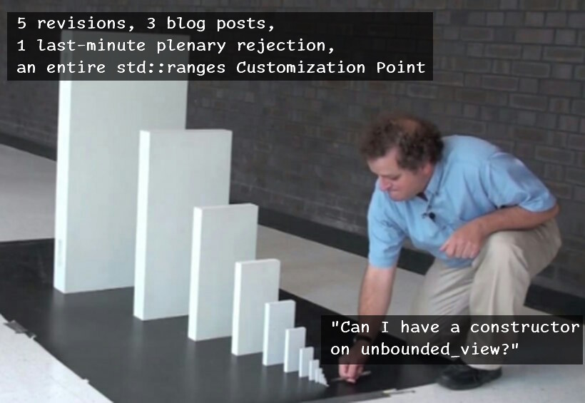 A man with a tiny domino at the front saying "Can I have a constructor on unbounded_view?" with a gigantic domino at the top saying "5 revisions, 3 blog posts, 1 last-minute plenary rejection, an entire std::ranges Customization Point"