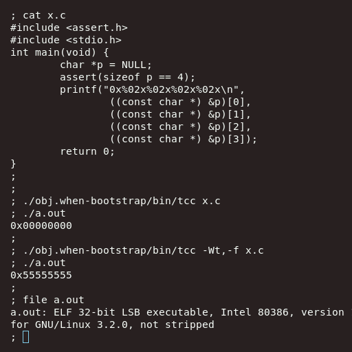 A picture of a source file with a main function, that prints out the 4 bytes of a 32-bit pointer initialized with NULL (literal 0). Using TenDRA to build the source file and run it, it outputs a pointer's bytes, showing 0x55555555.