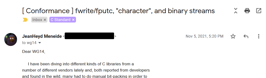 A screenshot of an e-mail whose subject line reads: "[ Conformance ] fwrite/fputc, "character", and binary streams"