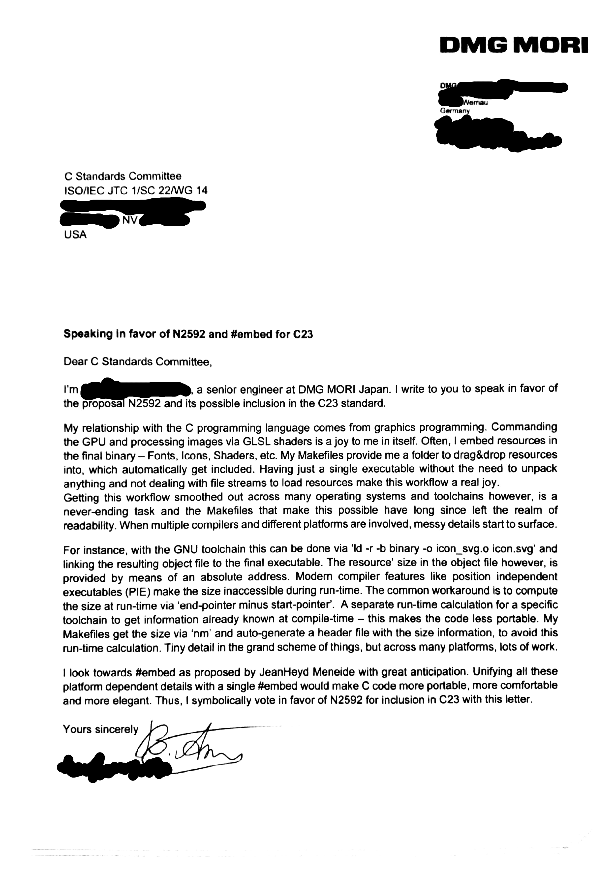 "A letter from a company by the name of 'DMG Mori', sent to the C Standards Committee (with the address of the company, the Committee, and name/e-mail of the signee blacked out). The full text is included just below, for reading."