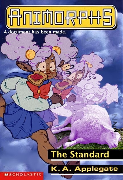 A transformation sequence. An anthropomorphic schoolgirl sheep with lavender-purple hair runs with toast a piece of toast in their mouth, looking rushed and hurried, wearing a big pink bow over their chest with the typical white blouse over a knee-length blue skirt. Their image fades and drifts off to the right, slowly turning turn before they end up fully transformed into what looks like a very realistic sheep, whose floof is the same color as the lavender-purple hair from before.
