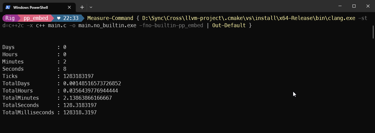 A single command line PowerShell prompt command, which reads: Measure-Command { D:\Sync\Cross\llvm-project.cmake\vs\install\x64-Release\bin\clang.exe -std=c++2c -x c++ main.c -o main.no_builtin.exe -fno-builtin-pp_embed | Out-Default }. It shows: TotalSeconds: 128.3183197