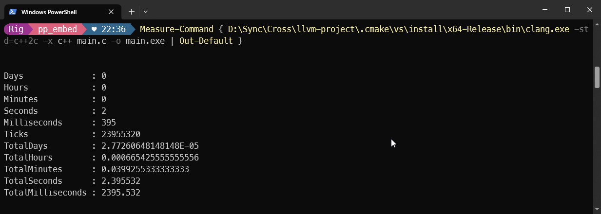 A single command line PowerShell prompt command, which reads: Measure-Command { D:\Sync\Cross\llvm-project.cmake\vs\install\x64-Release\bin\clang.exe -std=c++2c -x c++ main.c -o main.exe | Out-Default }. It shows: TotalSeconds: 2.395532