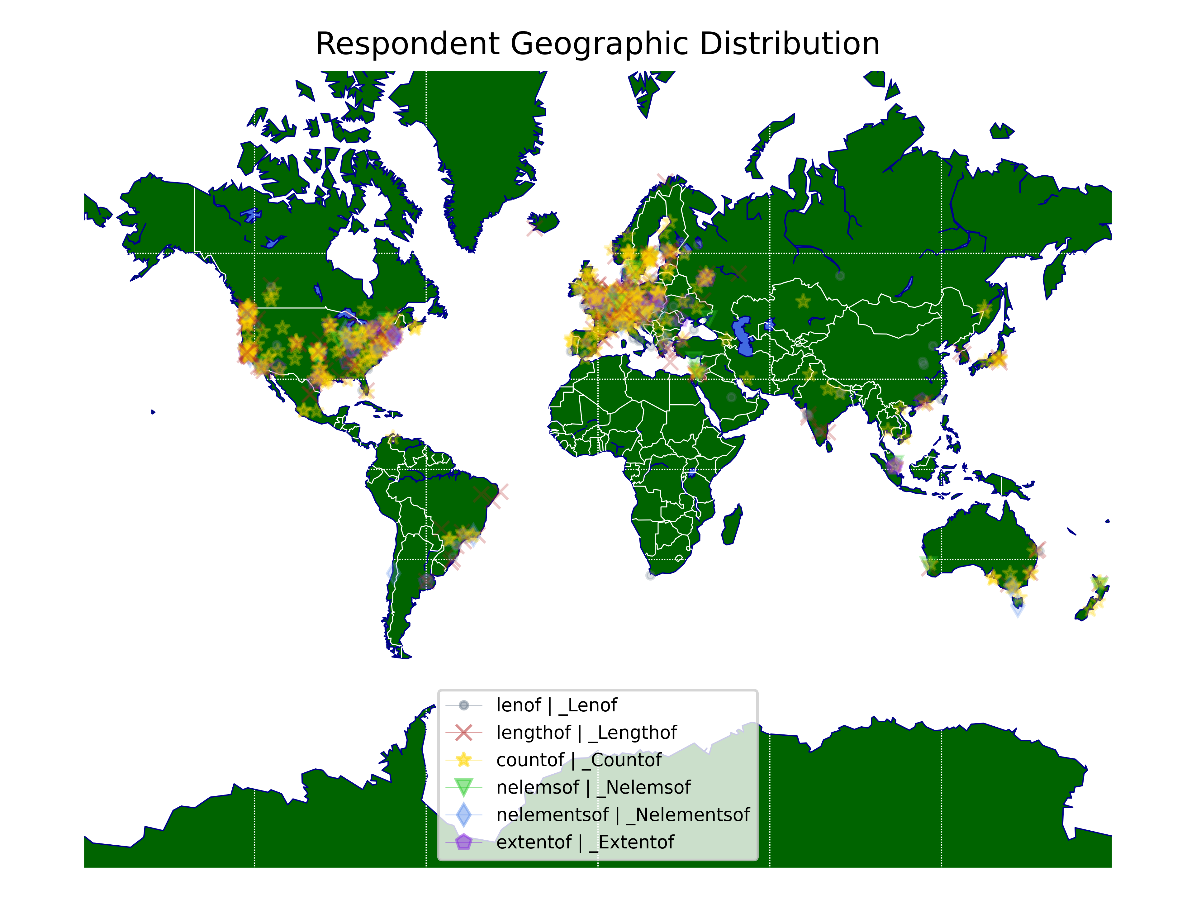 A map showing the geographic distribution of respondents to the survey. The transparent dots are most densely gathered in Western Europe and both coasts of the United States, with a smaller selection in Russia, India, China, and Brazil.