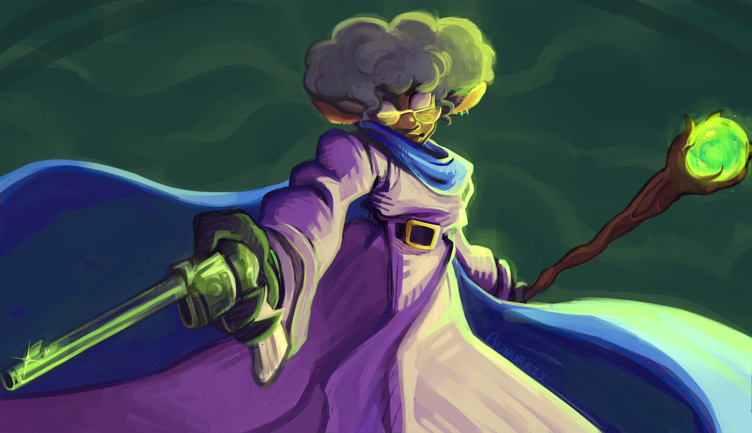 An anthropomorphic sheep clad in flowing purple robes of royalty, wielding a wooden staff who's tip is beset with a large green orb. Eyes pupil-less, they stare down from the would-be perspective of one of the last symbols, that lay low. And staring up along the barrel of a glinting revolver in the dark light, the sheep's fingers are poised to pull the trigger and end the cycle.