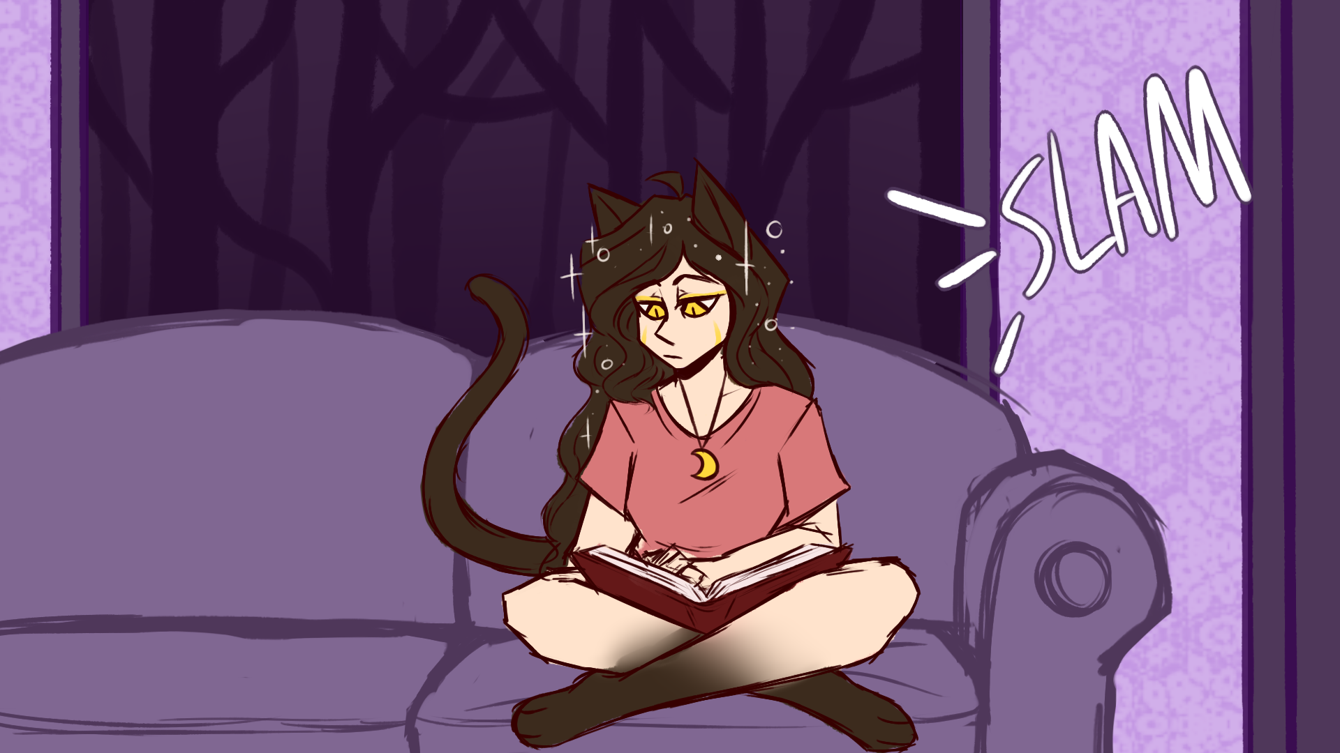 A catgirl named Luna is sitting on a sofa. She has long brunette hair, a tail, and ears the same color as her hair sitting on the couch. A moon pendant dangles from her necklace as she reads a book, while what appears to be a door "SLAM" comes from the image's right, Luna's left.