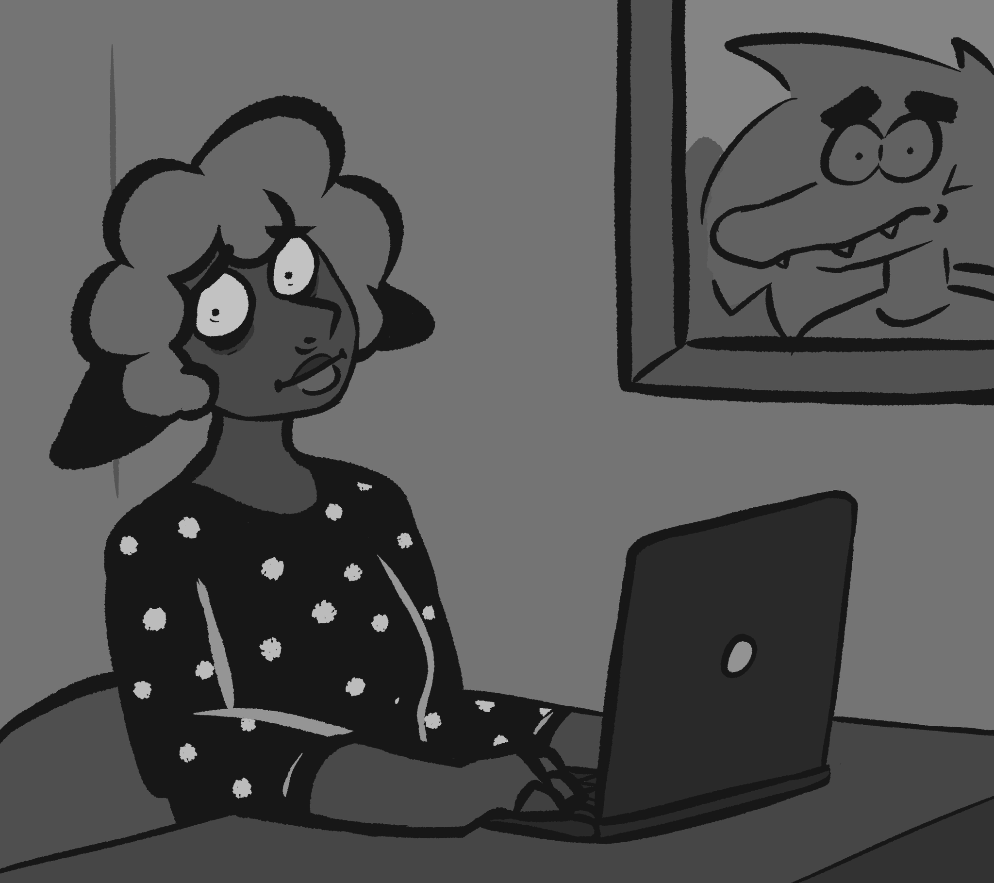 An anthropomorphic sheep sits at a computer, eyes bleary and tired as they stare directly at the viewer in a dimly lit room. Their hand-hooves are on the keyboard, and their head is tilted to the side in tiredness, but they're trying to maintain and upright posture and keep staring as best as they can. A portrait in the room of an anthropomorphic with similar eyes stares at the viewer as well, somewhat creepily.